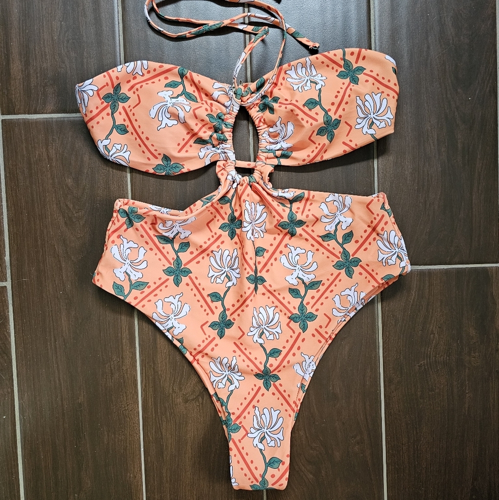 Woman's Swimsuit Orange Green White Floral Print Size M